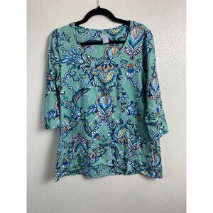 Chico's 1 Floral paisley 3/4 Sleeve Top size Medium Boho Modal Blend Green beach